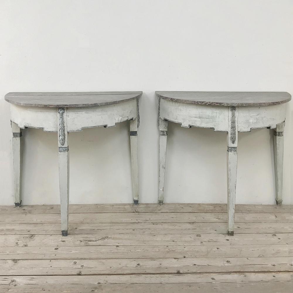 Pair of 19th Century Swedish Painted Demilune Consoles In Good Condition In Dallas, TX