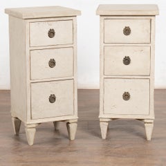 Pair, 19th Century Swedish White Nightstands Narrow Chest of Drawers