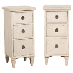Pair, 19th Century Swedish White Nightstands Narrow Chest of Drawers