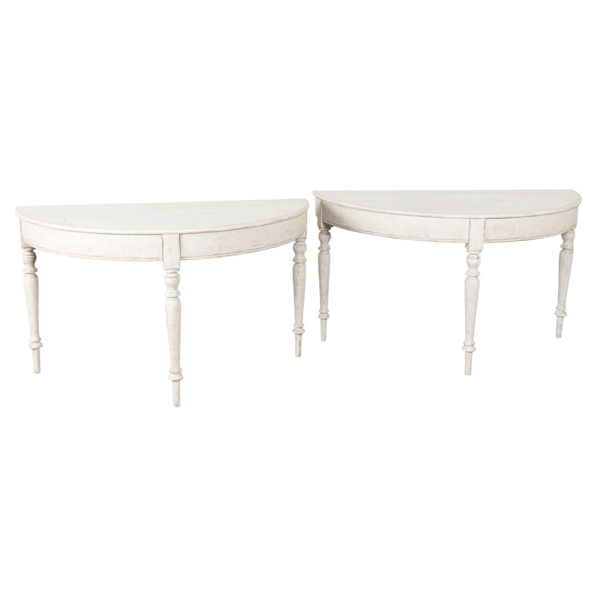 Pair, 19th Century Swedish White Painted Large Demi Lune Consoles Side Tables