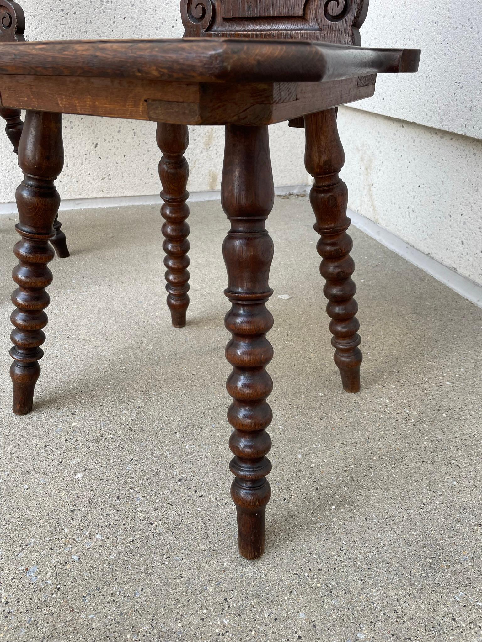 Pair 19th Century Swiss Black Forest Carved Oak Side Chairs 7