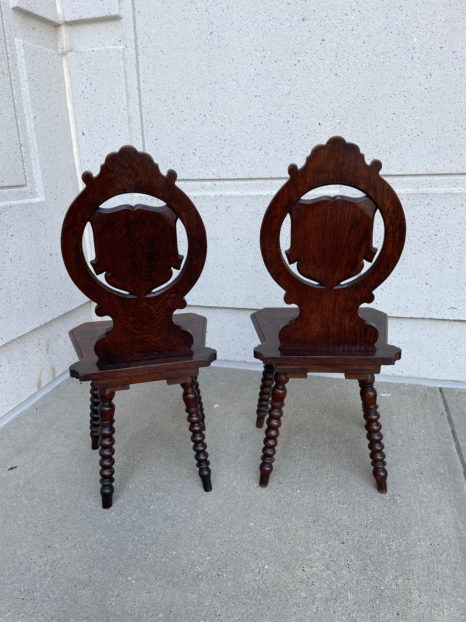 Pair 19th Century Swiss Black Forest Carved Oak Side Chairs 8