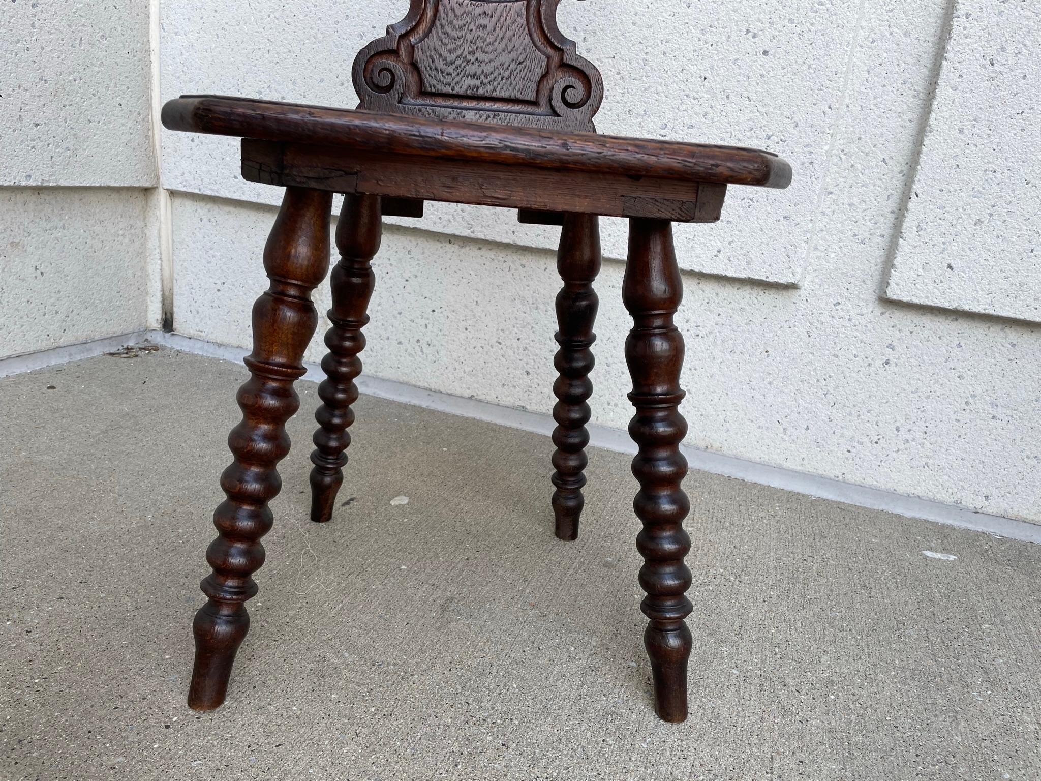 Pair 19th Century Swiss Black Forest Carved Oak Side Chairs 9