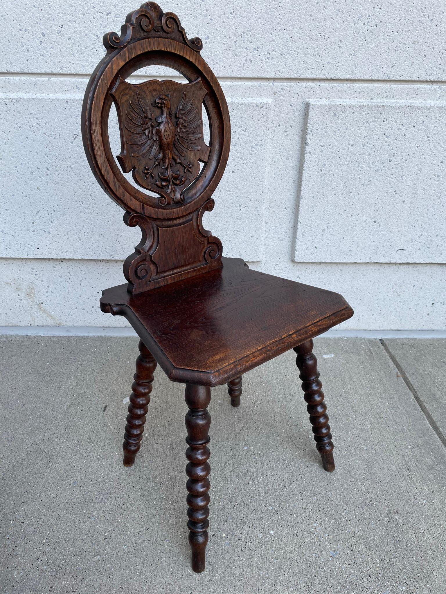 Pair 19th Century Swiss Black Forest Carved Oak Side Chairs 1