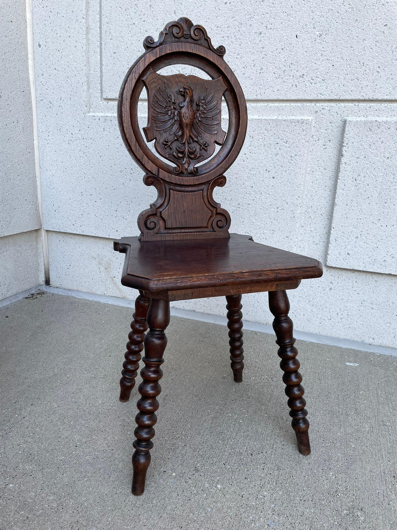 Pair 19th Century Swiss Black Forest Carved Oak Side Chairs 2