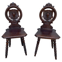 Pair 19th Century Swiss Black Forest Carved Oak Side Chairs