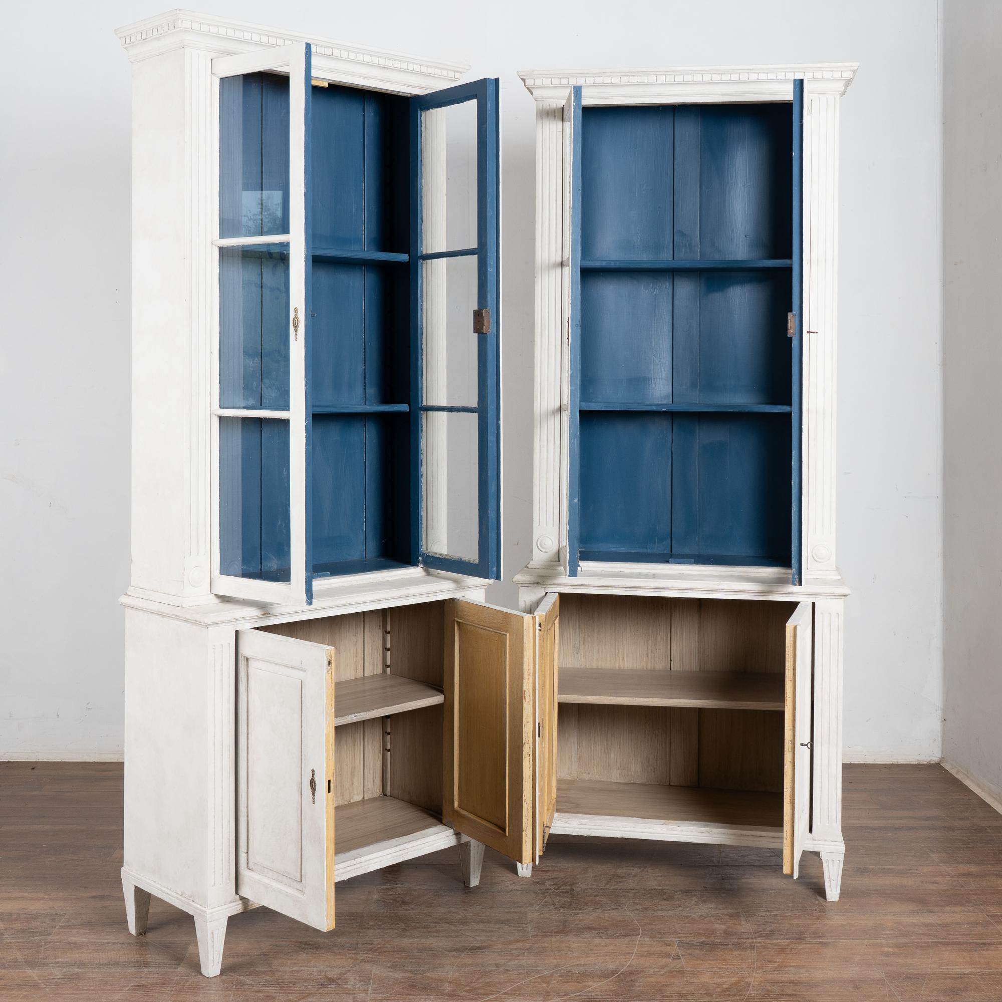Gustavian Pair, 19th Century Tall White Painted Pine Bookcases Display Cabinets For Sale
