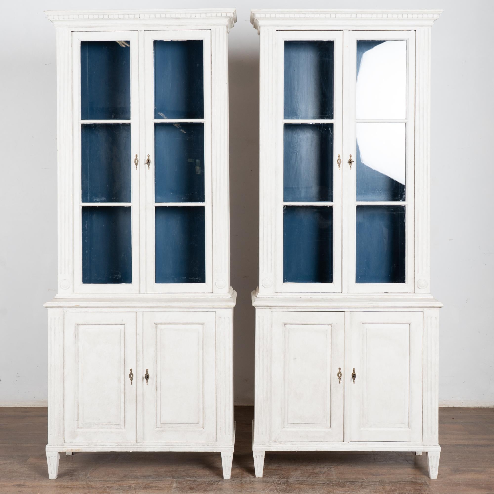 Danish Pair, 19th Century Tall White Painted Pine Bookcases Display Cabinets For Sale