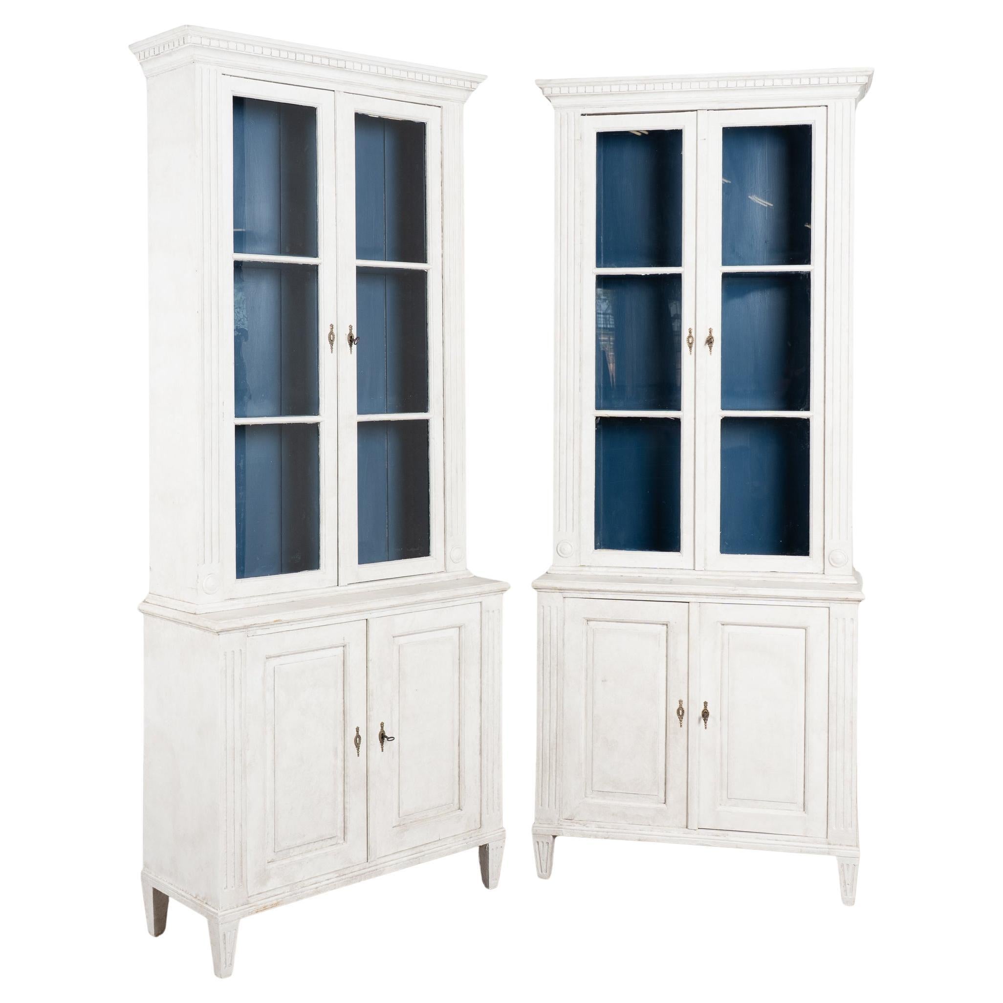 Pair, 19th Century Tall White Painted Pine Bookcases Display Cabinets For Sale