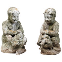 Pair of 19th Century Terracotta Garden Statue of Classical Putti, English Patina