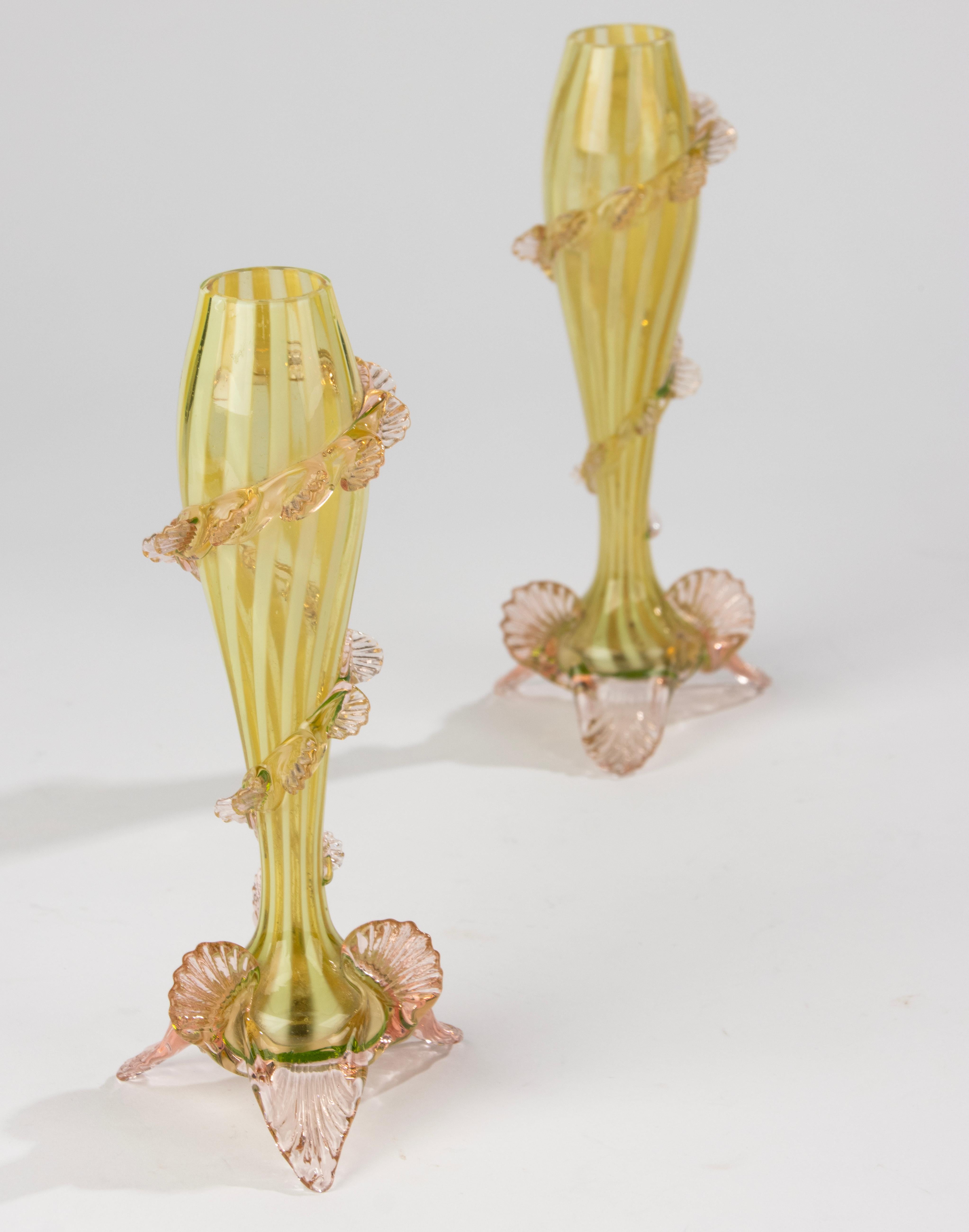 Pair 19th Century Vases - English - Vaseline Glass - Spiral Leaf Design For Sale 7