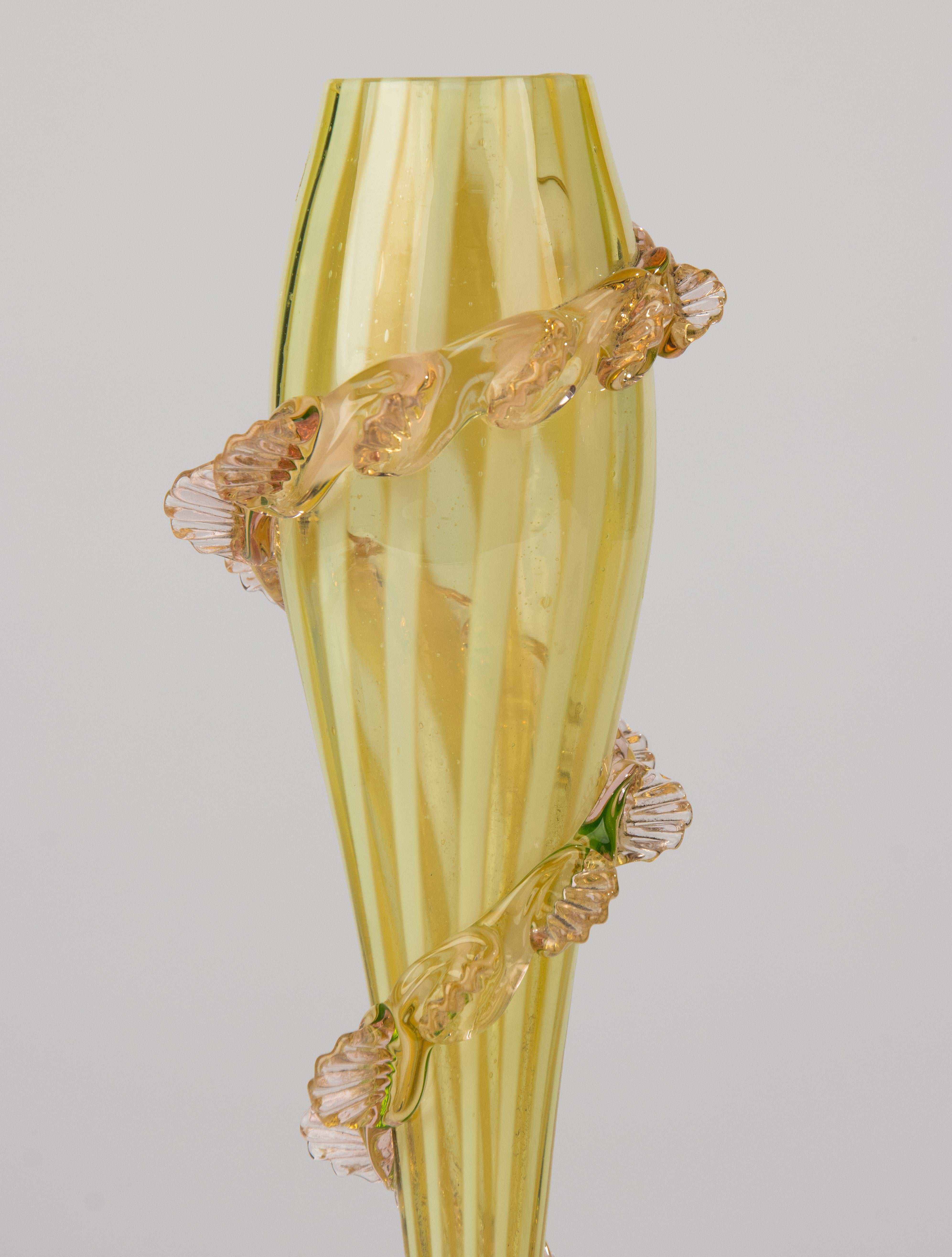 Victorian Pair 19th Century Vases - English - Vaseline Glass - Spiral Leaf Design For Sale