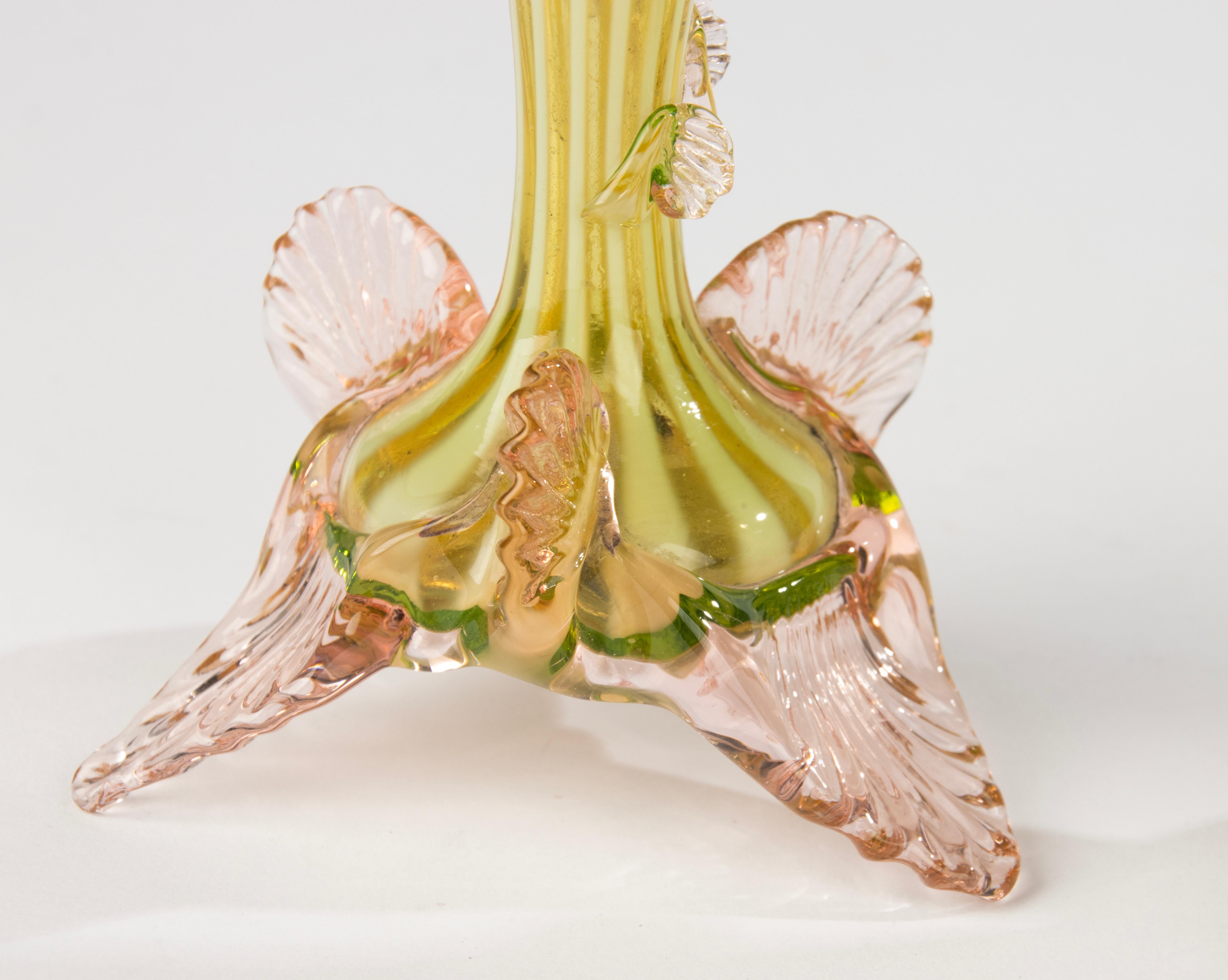 Hand-Crafted Pair 19th Century Vases - English - Vaseline Glass - Spiral Leaf Design For Sale