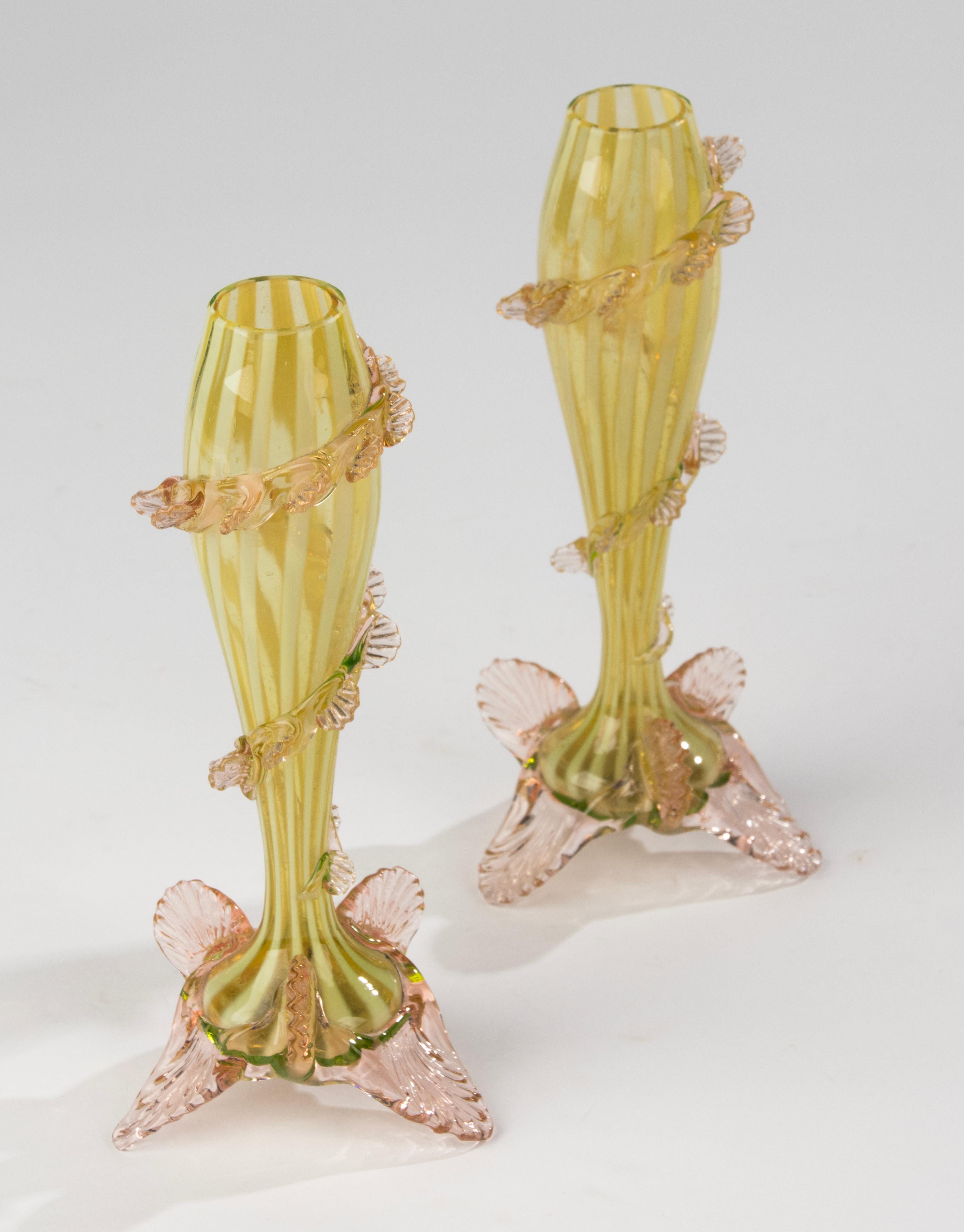 Pair 19th Century Vases - English - Vaseline Glass - Spiral Leaf Design For Sale 3