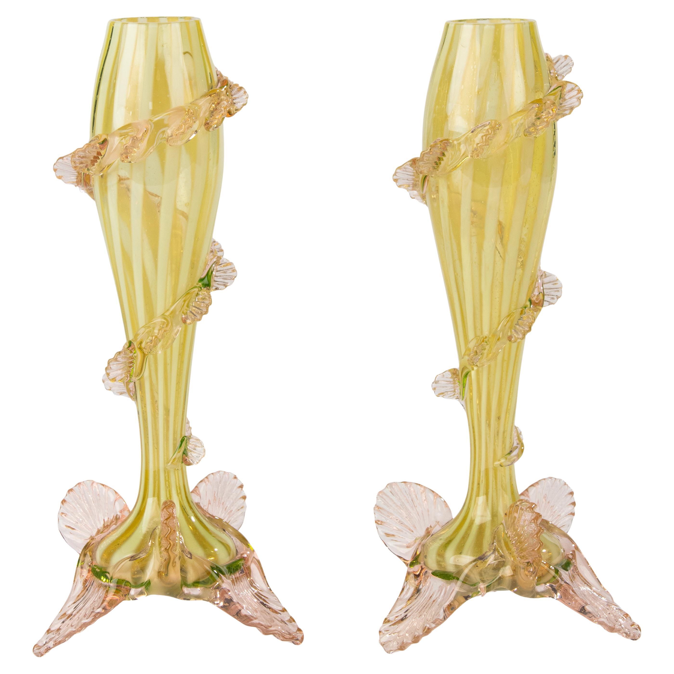 Pair 19th Century Vases - English - Vaseline Glass - Spiral Leaf Design For Sale