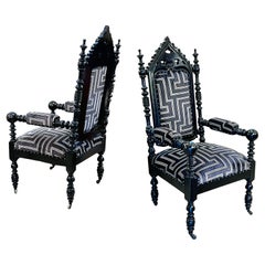 Pair 19th Century Victorian Gothic Revival Turned Carved Ebonized Armchairs
