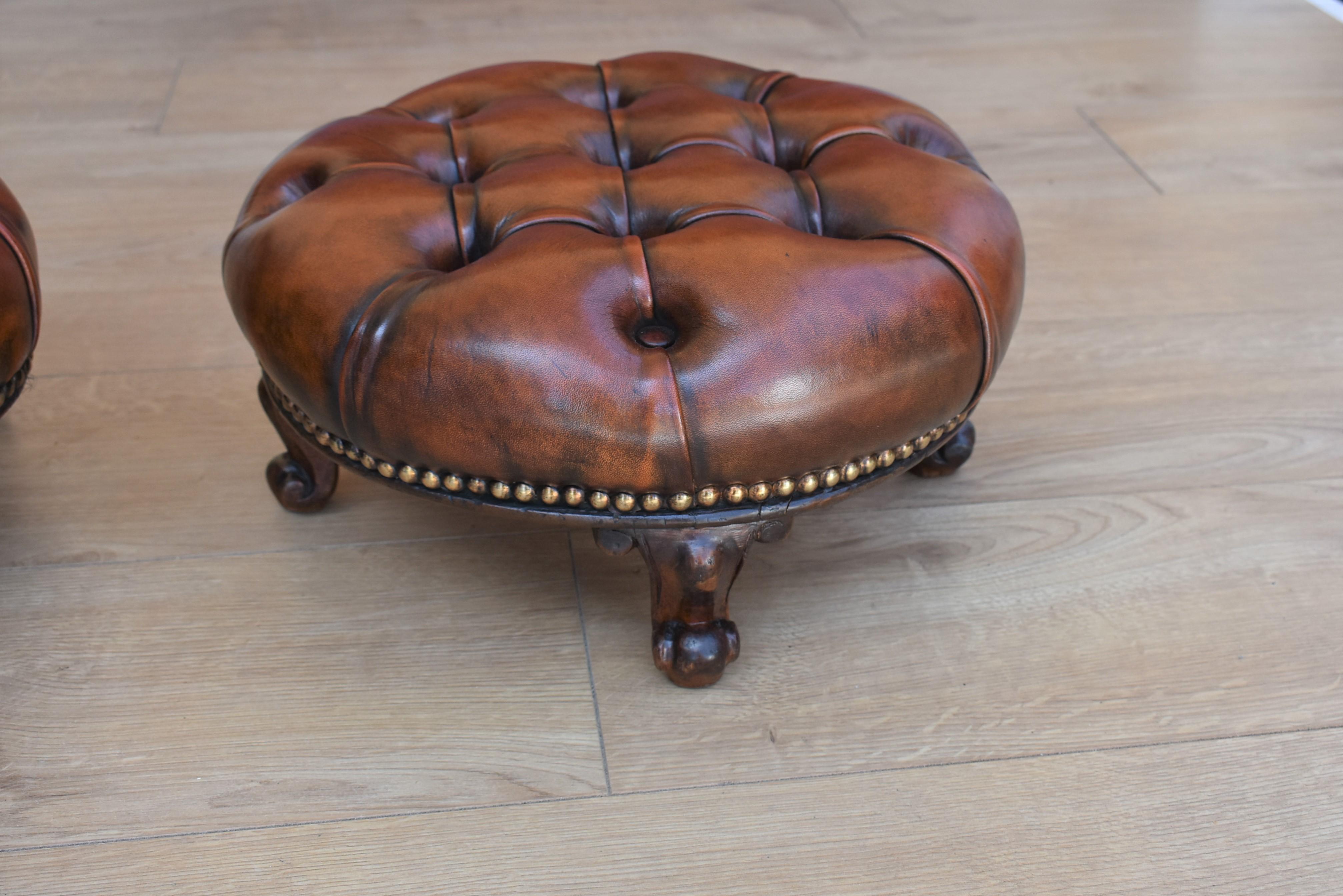 Pair 19th Century Victorian Walnut Leather Hand Dyed Foot Stools 2