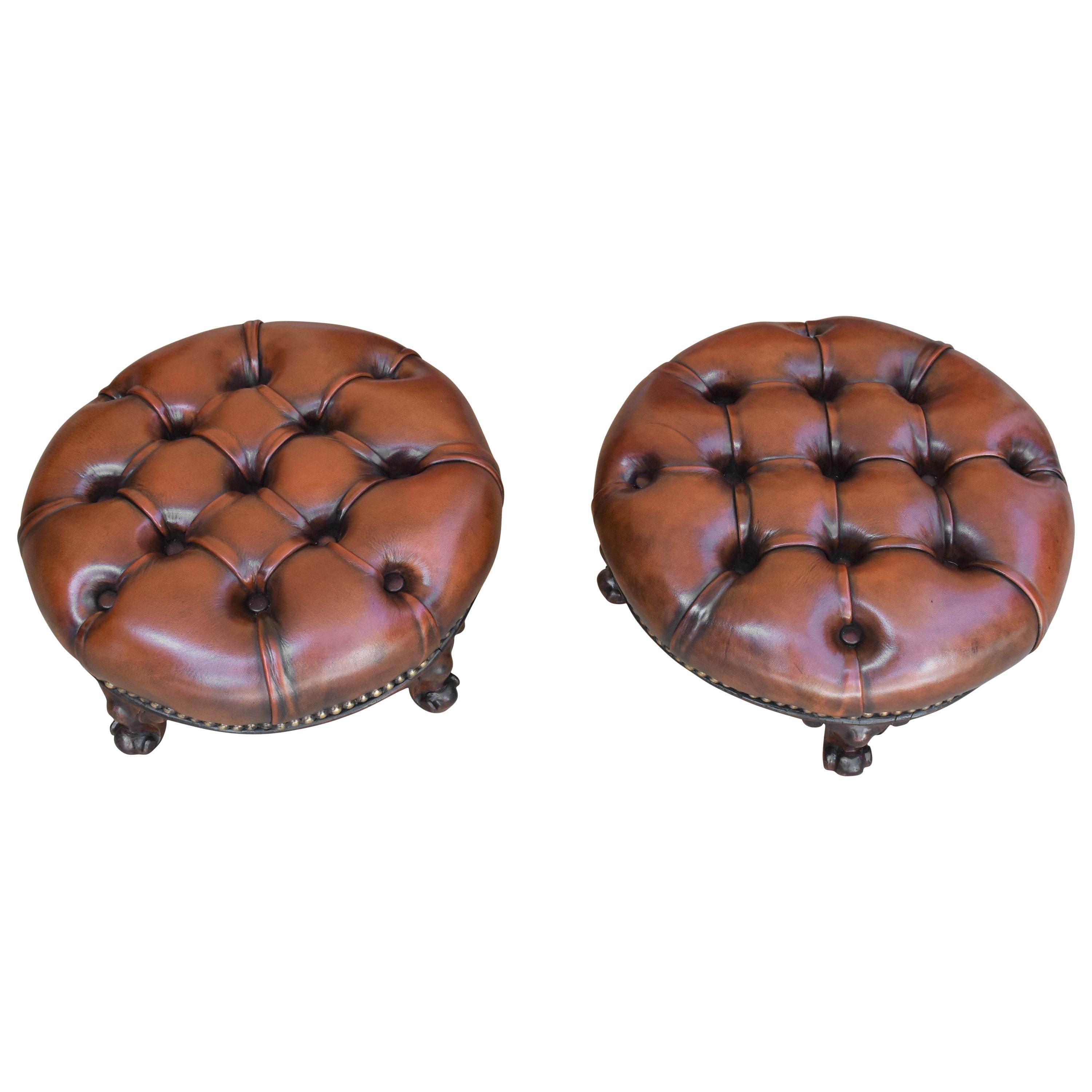 Pair 19th Century Victorian Walnut Leather Hand Dyed Foot Stools