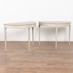 Pair, 19th Century White Swedish Gustavian Demi Lune Side Tables Consoles