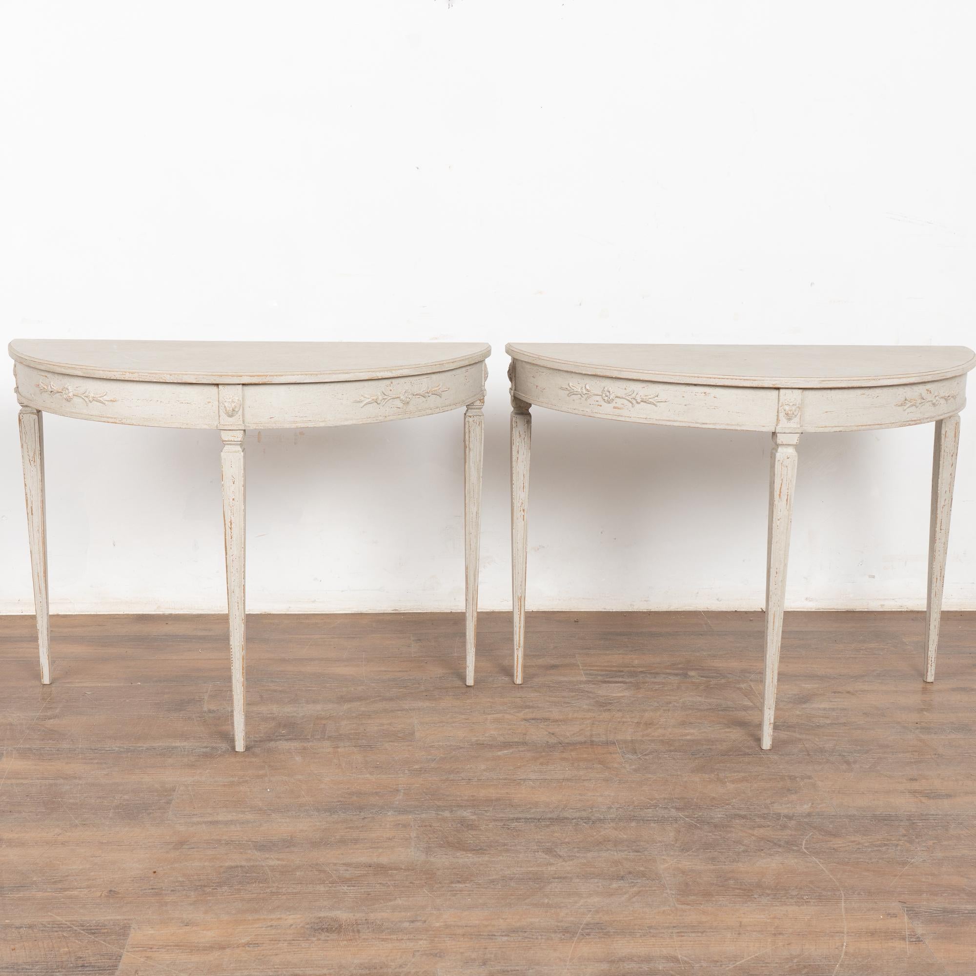 Pair, 19th Century White Swedish Gustavian Demi Lune Side Tables Consoles In Good Condition For Sale In Round Top, TX