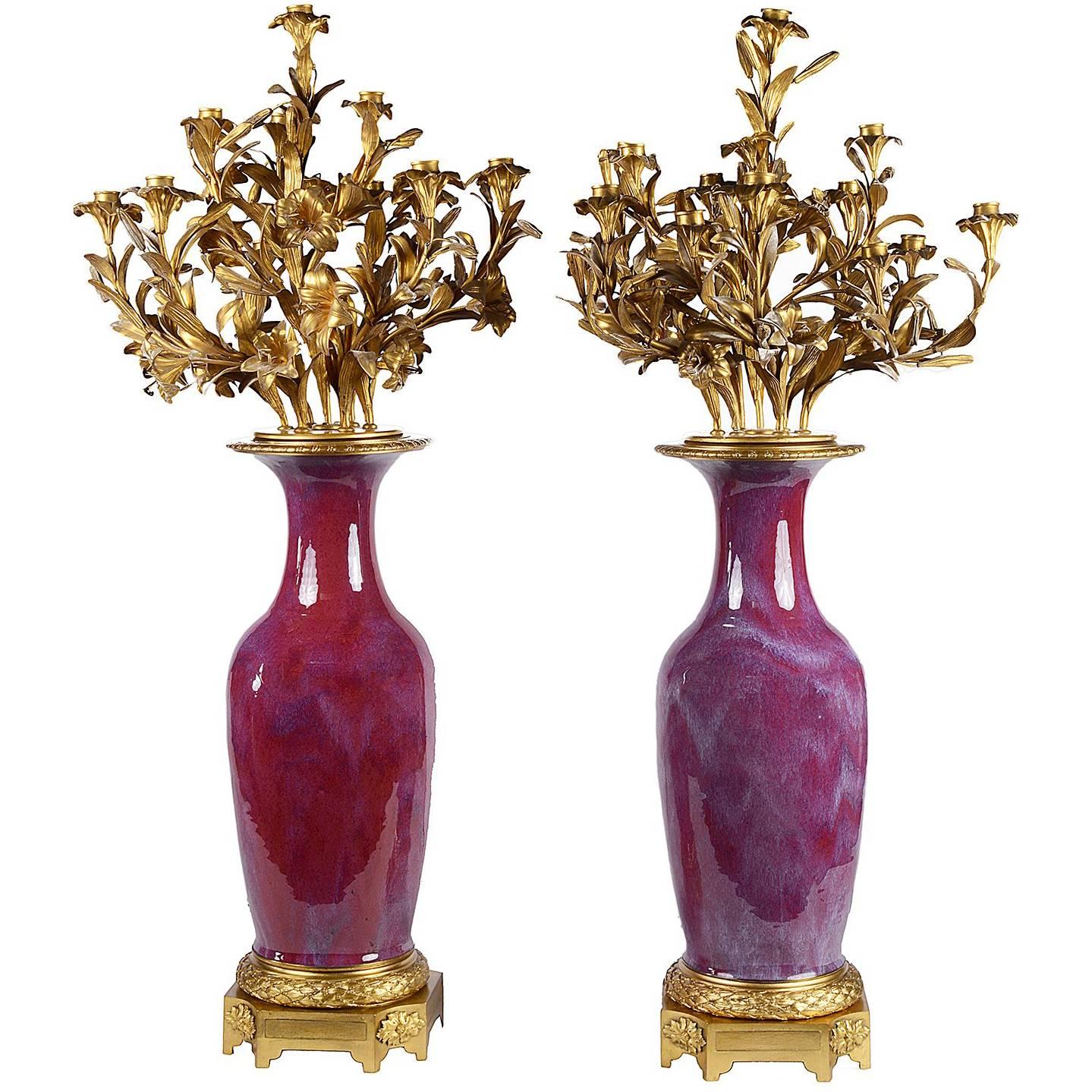 Large pair of 19th Ormolu Mounted Sang De Boeuf Candelabra 117cm(46") For Sale