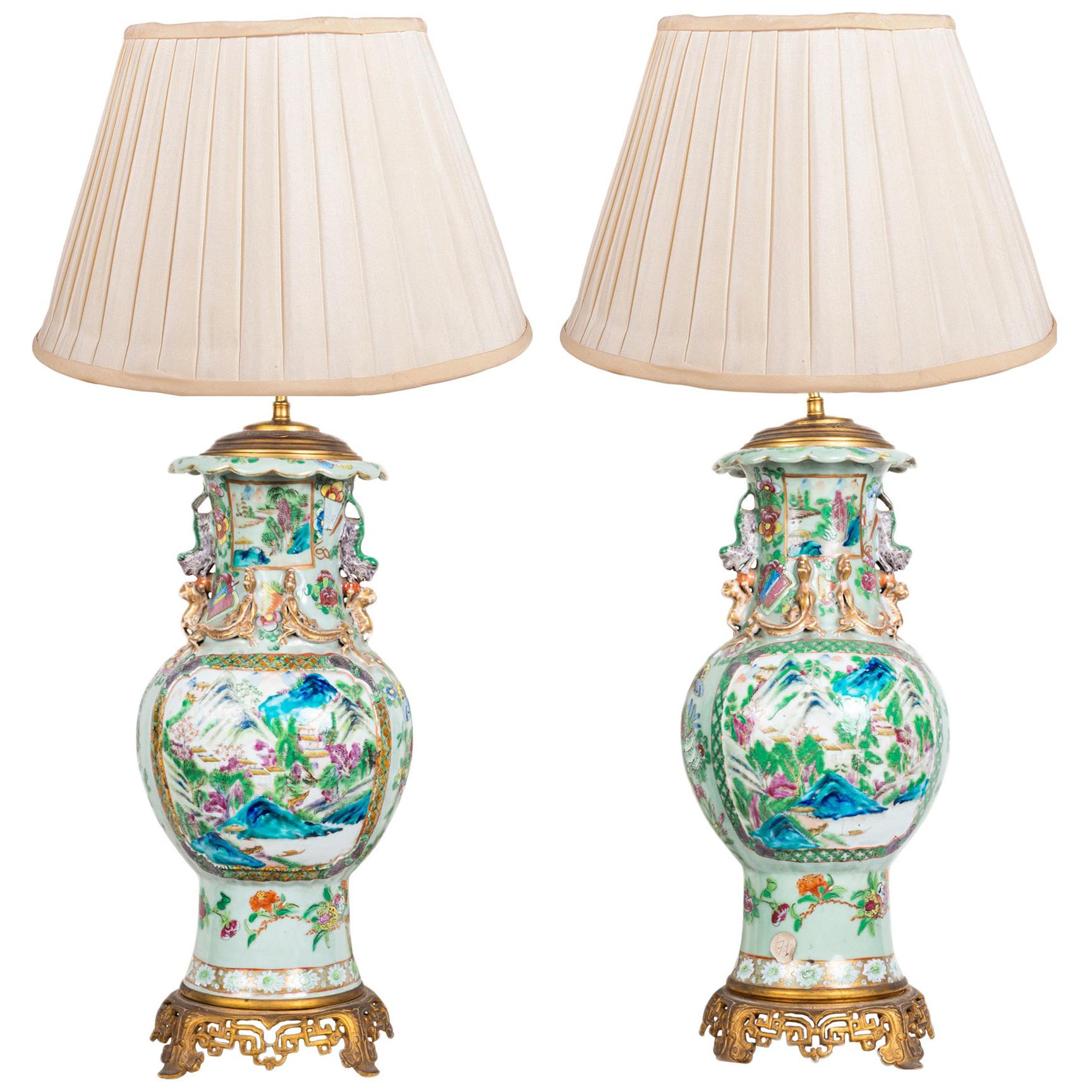 Pair 19th Rose Medallion Ormolu Mounted Vases / Lamps For Sale