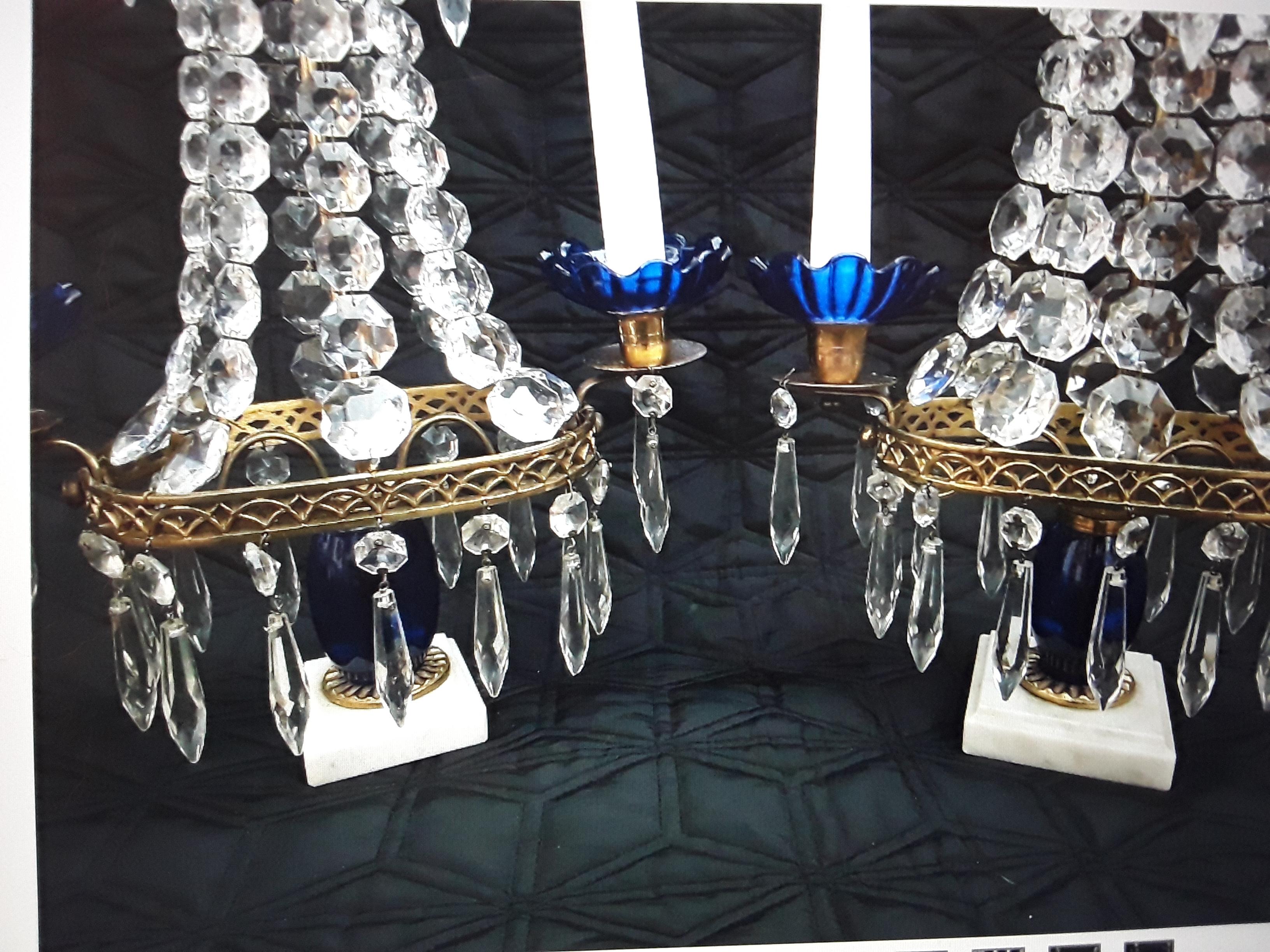Pair 19thc Antique Baltic Cut Crystal Cascading and Blue Glass Center Girandoles For Sale 6
