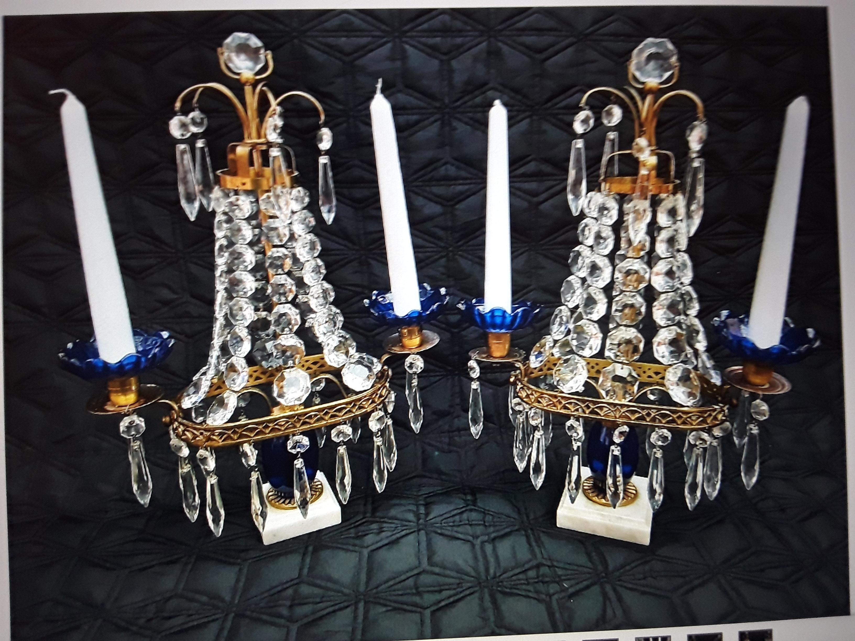 Pair 19thc Antique Baltic Cut Crystal Cascading and Blue Glass Center Girandoles For Sale 7