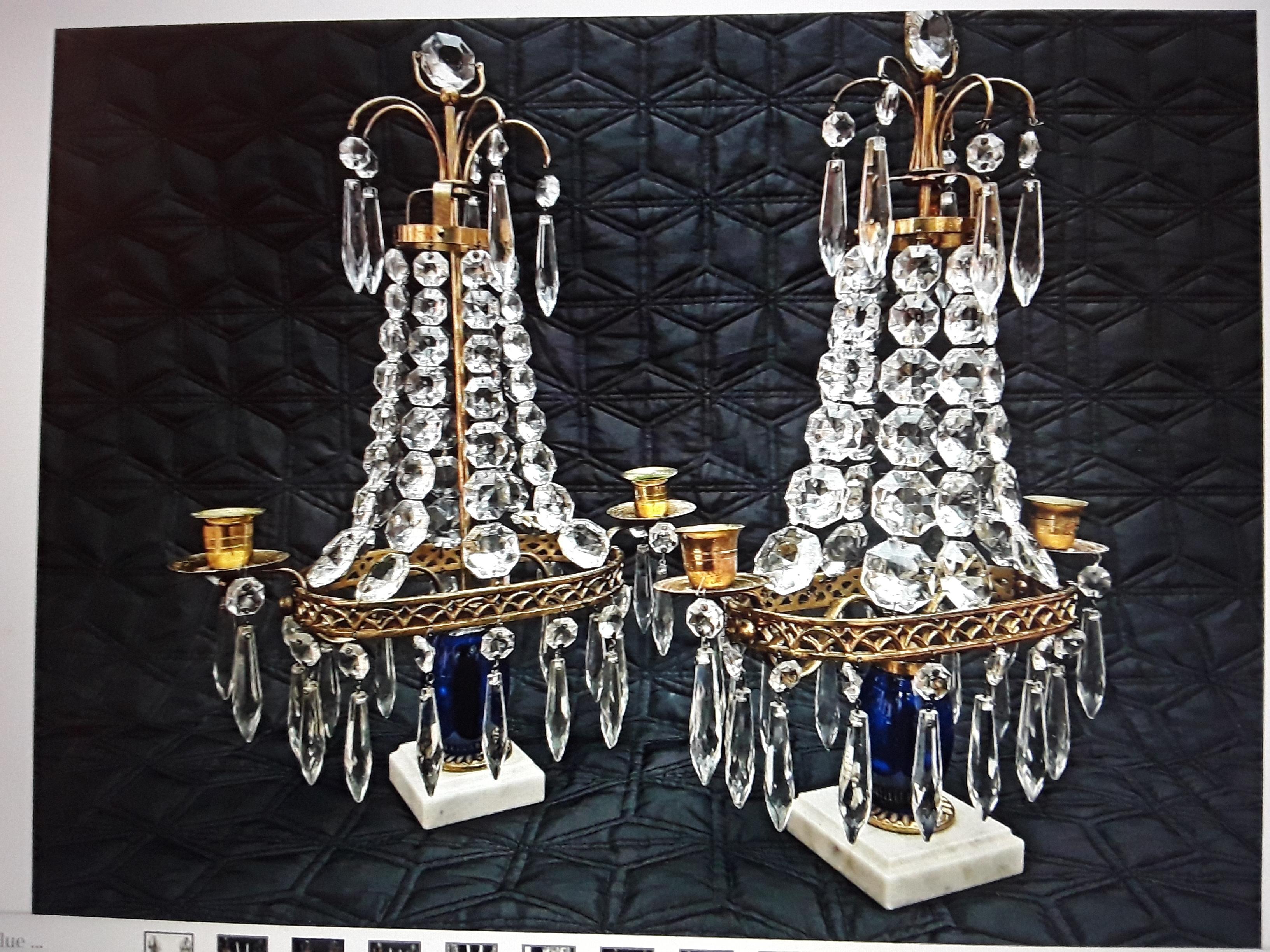 Pair 19thc Antique Baltic Cut Crystal Cascading and Blue Glass Center Girandoles For Sale 8