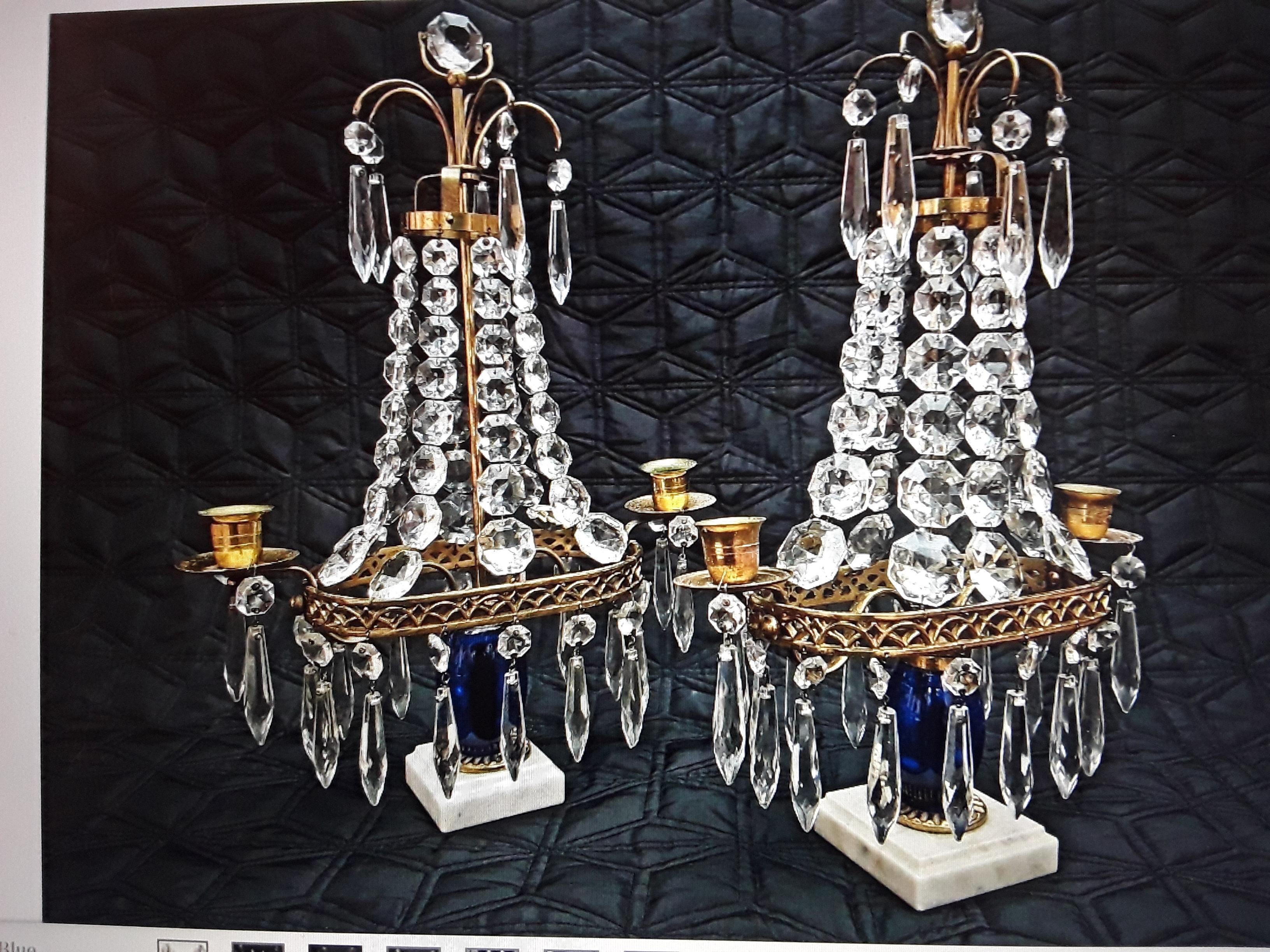 Pair 19thc Antique Baltic Cut Crystal Cascading and Blue Glass Center Girandoles For Sale 9