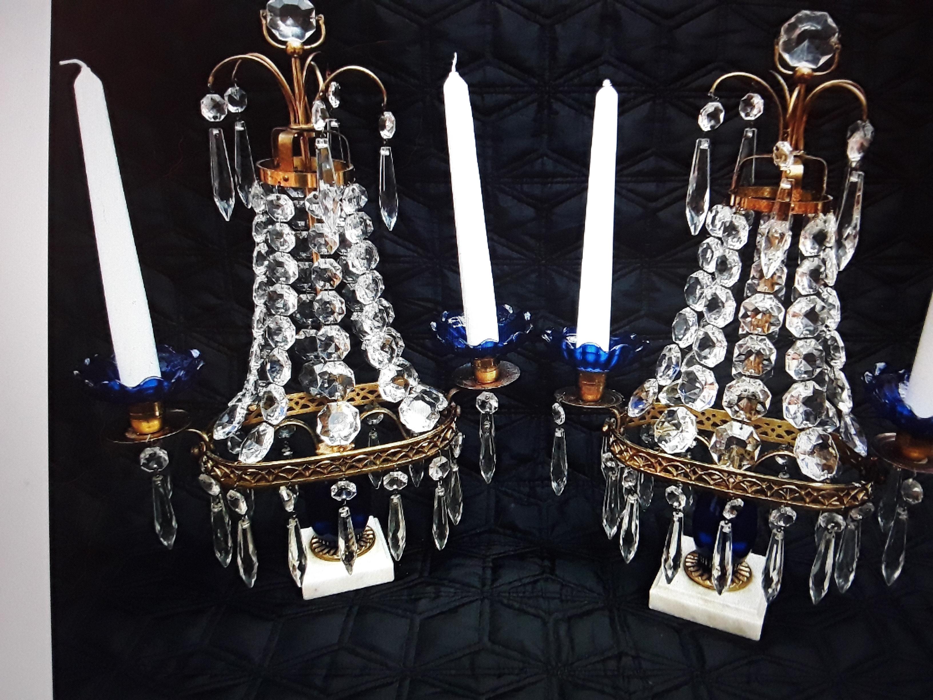 Pair 19thc Antique Baltic Cut Crystal Cascading and Blue Glass Center Girandoles For Sale 10