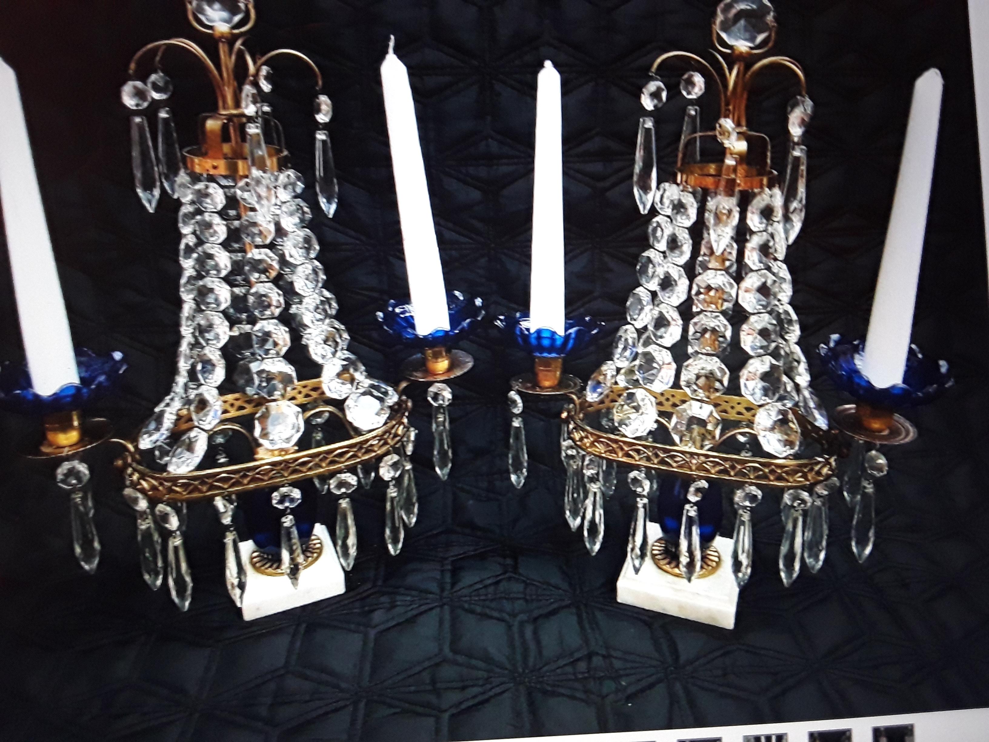 Pair 19thc Antique Baltic Cut Crystal Cascading and Blue Glass Center Girandoles For Sale 11