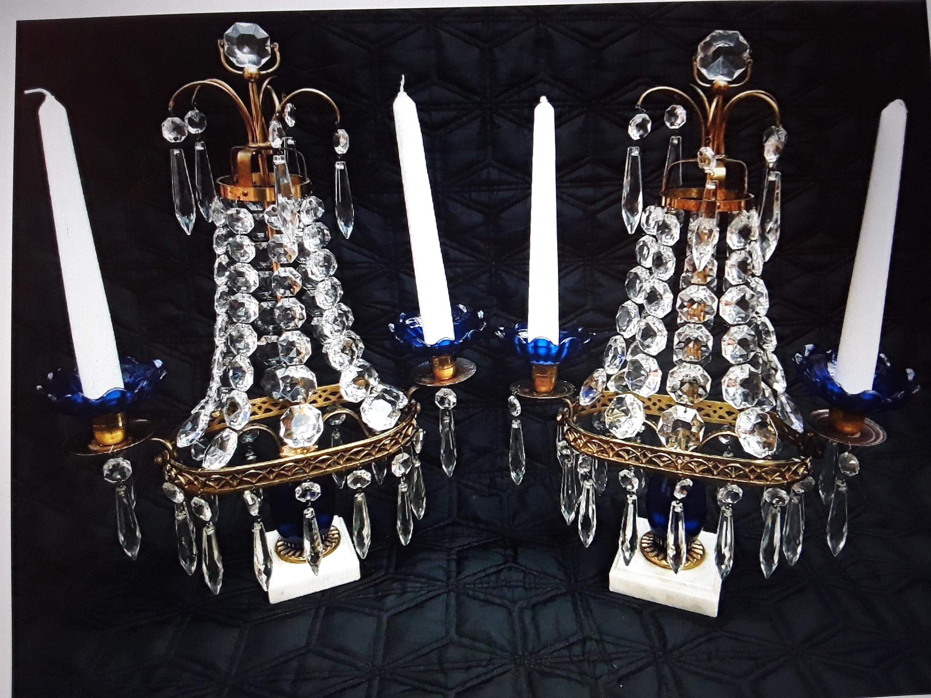 Pair 19thc Antique Baltic Cut Crystal Cascading and Blue Glass Center Girandoles For Sale 12