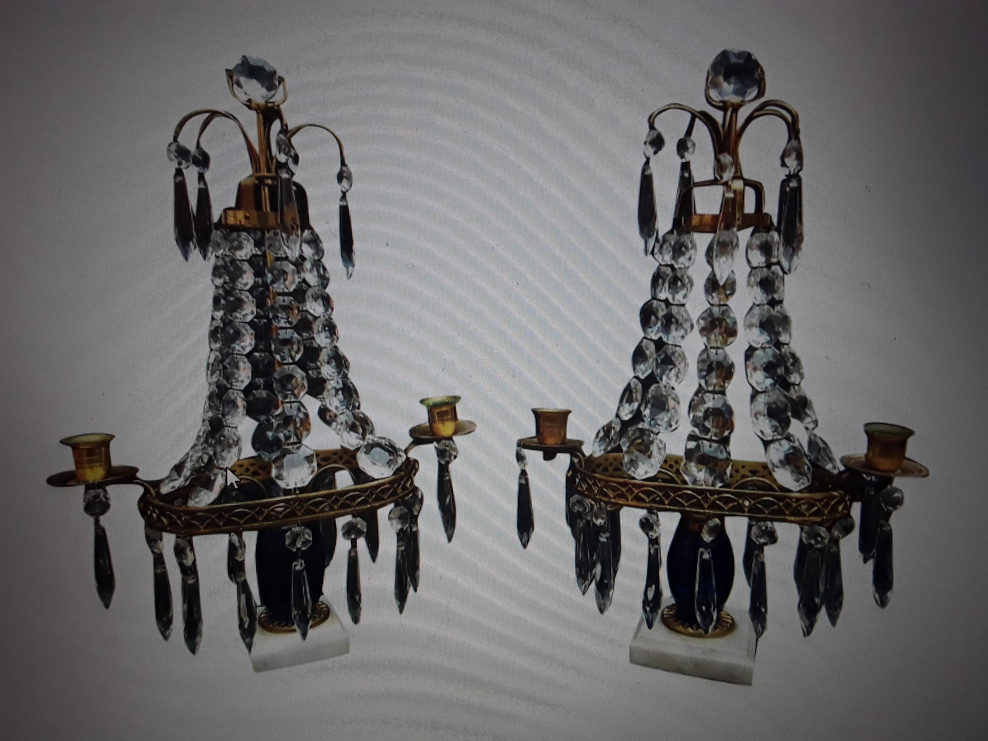 Pair 19thc Antique Baltic Cut Crystal Cascading and Blue Glass Center Girandoles For Sale 13