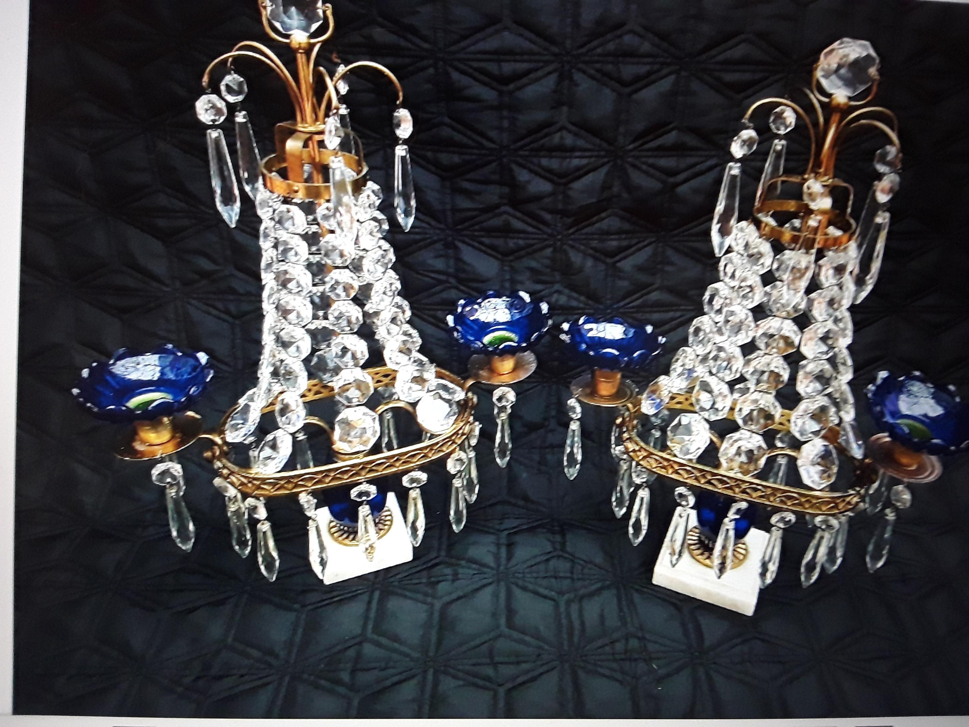 Pair 19thc Antique Baltic Cut Crystal Cascading and Blue Glass Center Girandoles In Good Condition For Sale In Opa Locka, FL