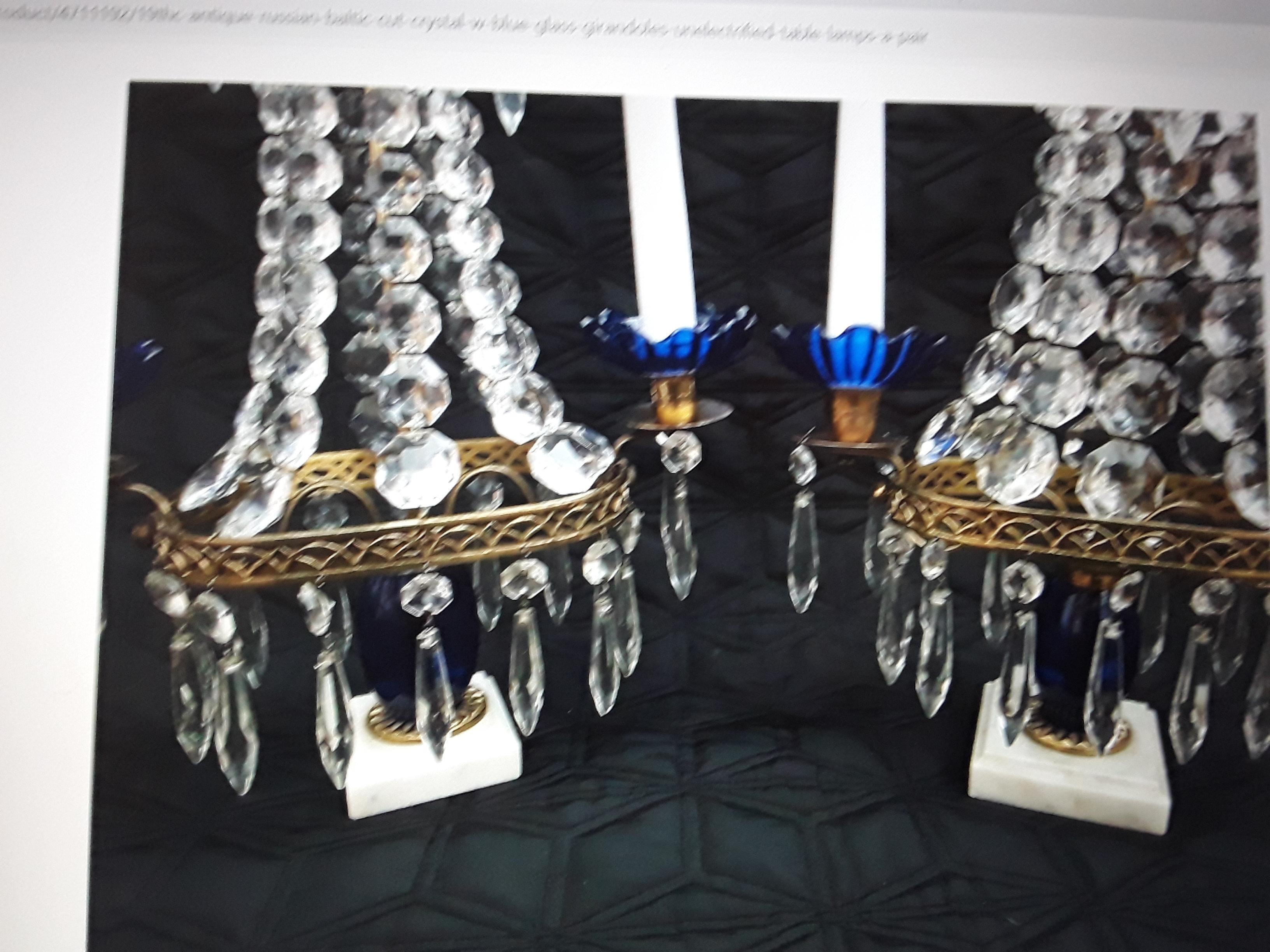 Late 19th Century Pair 19thc Antique Baltic Cut Crystal Cascading and Blue Glass Center Girandoles