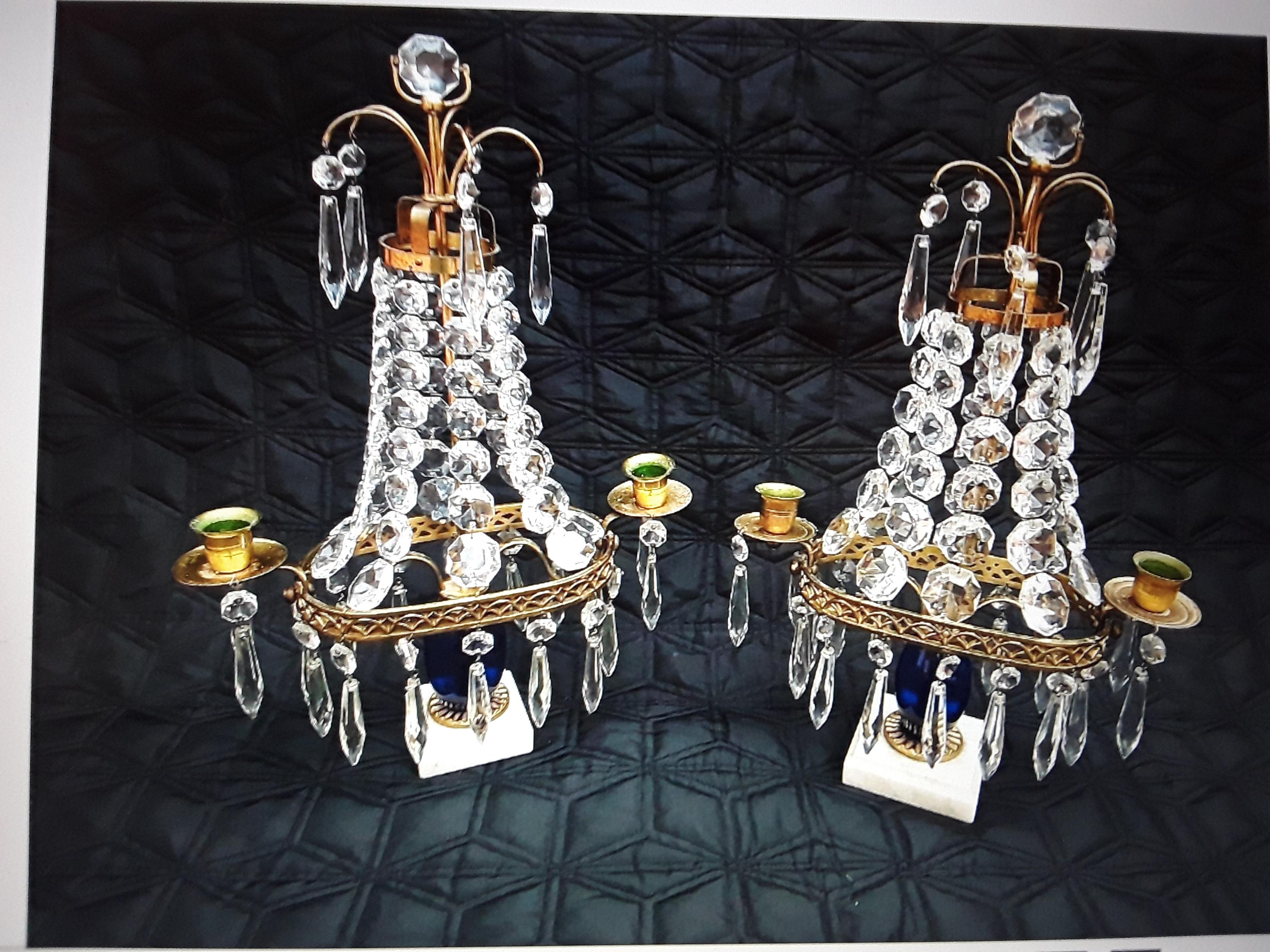 Pair 19thc Antique Baltic Cut Crystal Cascading and Blue Glass Center Girandoles For Sale 1