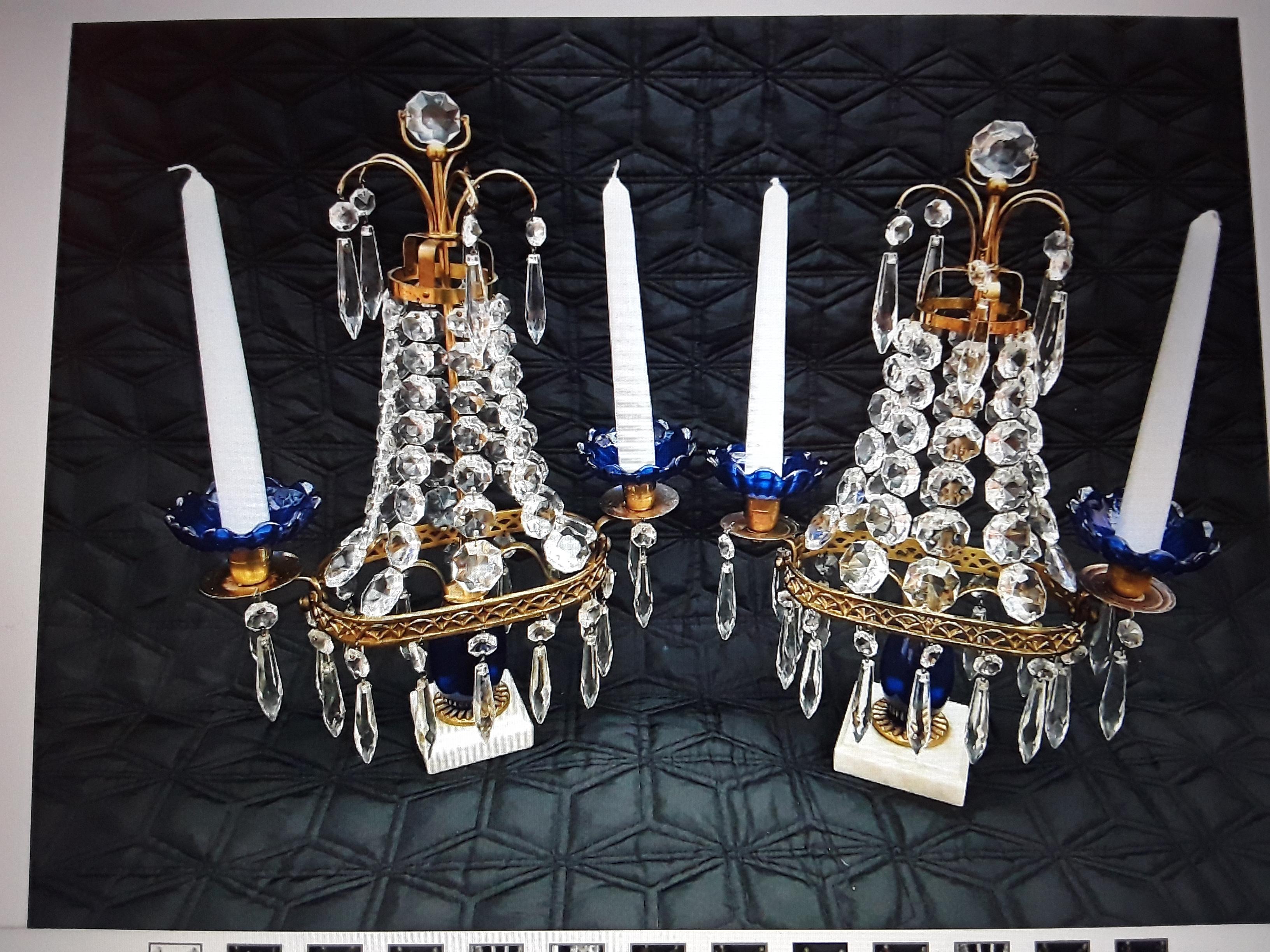 Pair 19thc Antique Baltic Cut Crystal Cascading and Blue Glass Center Girandoles For Sale 2