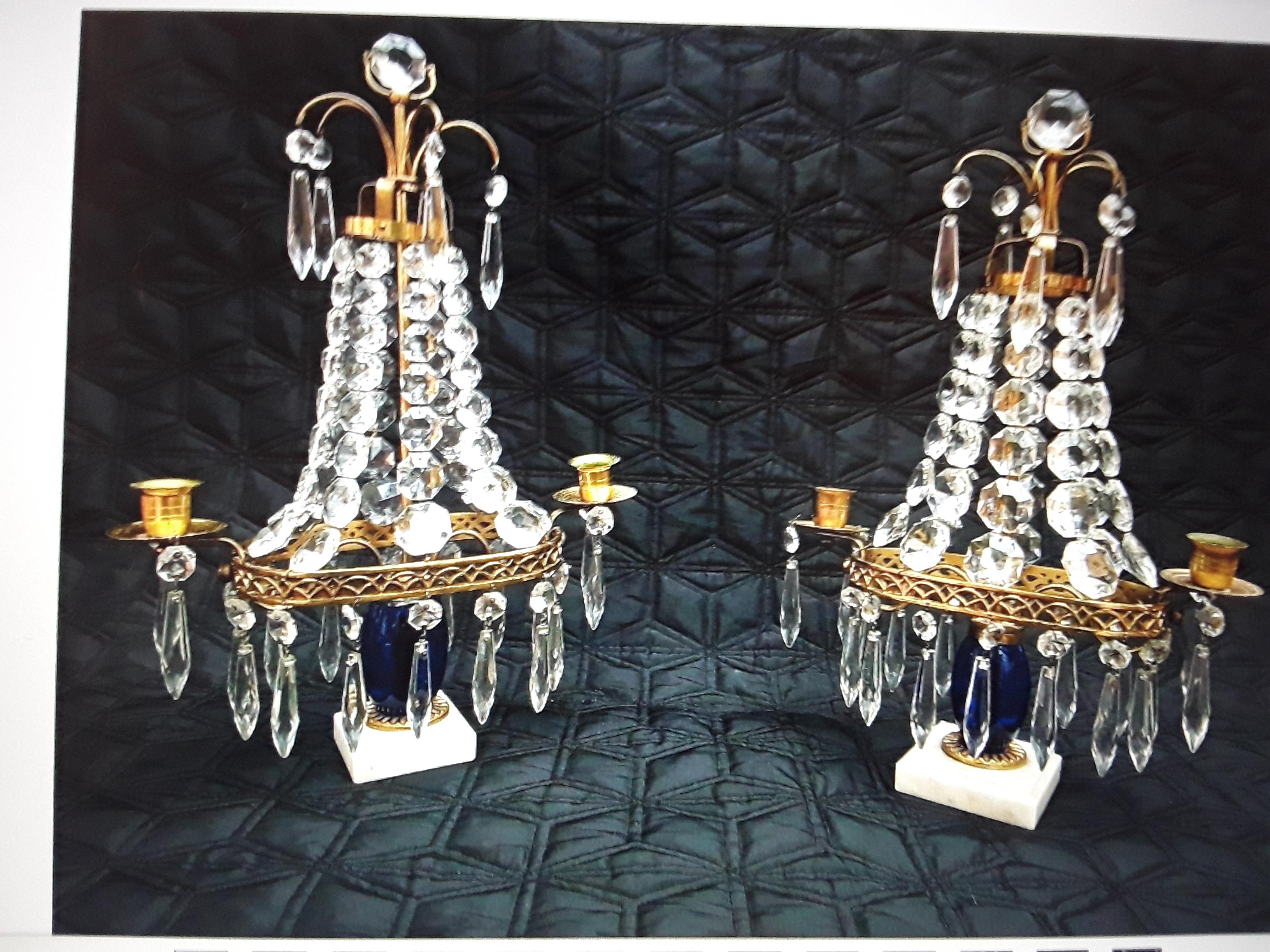 Pair 19thc Antique Baltic Cut Crystal Cascading and Blue Glass Center Girandoles For Sale 3