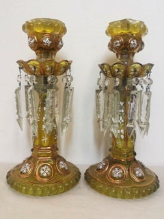Pair 19thc Antique French Napoleon III Amber Formed Glass w/ Crystal Candlestick