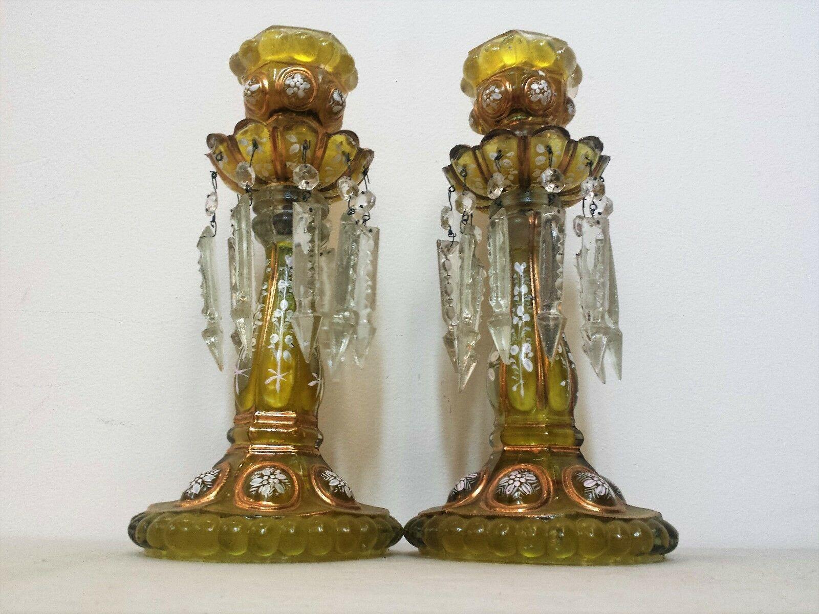 Pair 19thc Antique French Napoleon III Amber Formed Glass w/ Crystal Candlestick For Sale 2