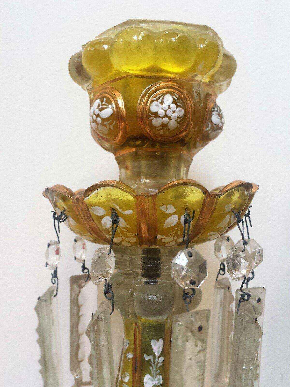 Pair 19thc Antique French Napoleon III Amber Formed Glass w/ Crystal Candlestick For Sale 3