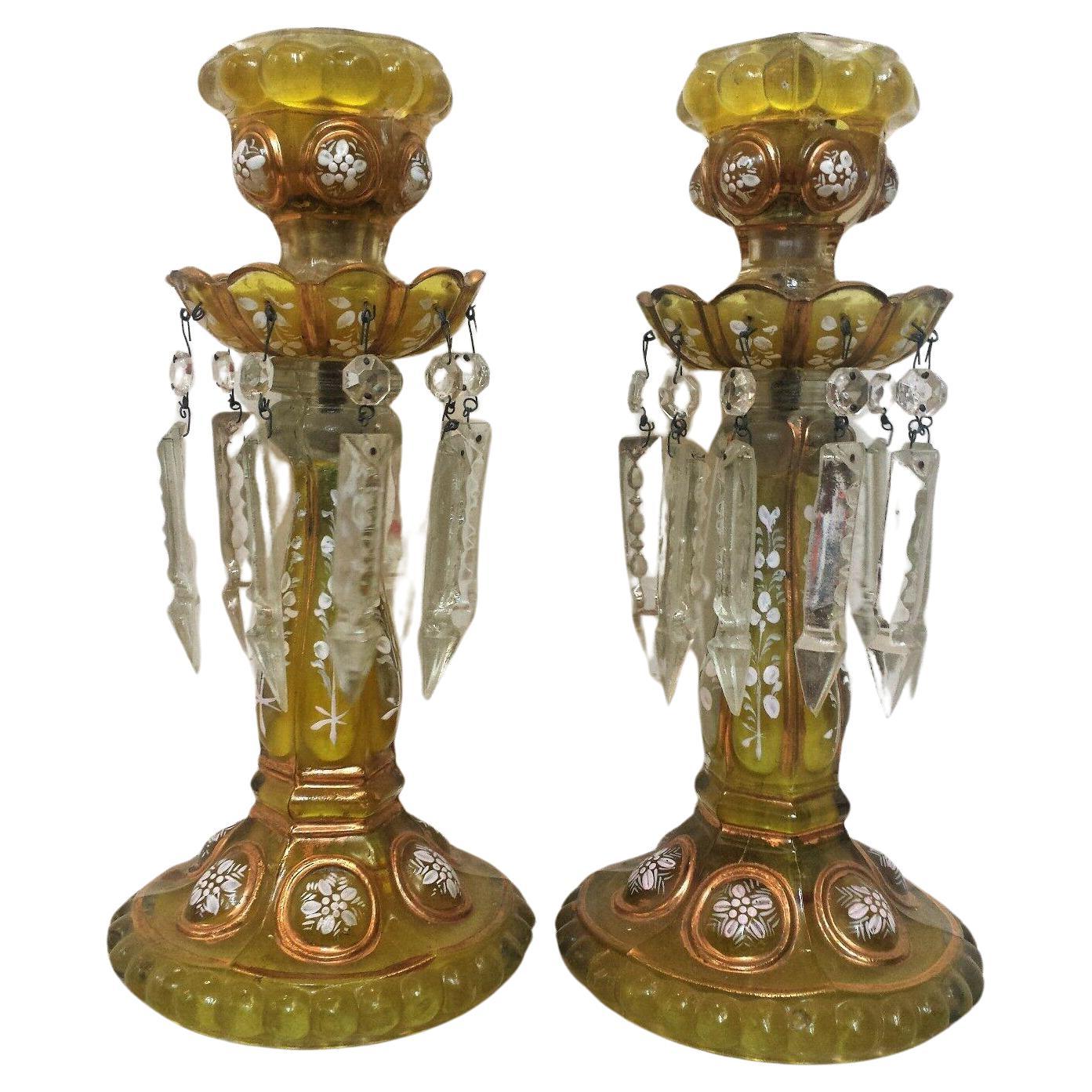 Pair 19thc Antique French Napoleon III Amber Formed Glass w/ Crystal Candlestick