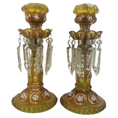 Pair 19thc Antique French Napoleon III Amber Formed Glass w/ Crystal Candlestick