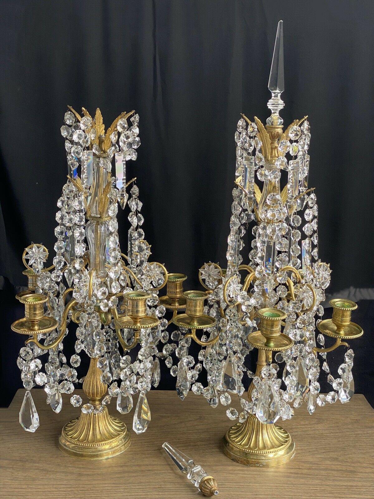 Pair 19thc French Baccarat Attributed Gilt Bronze with Cut Crystal Girandoles/ Table Lamps/ Candelabra. Ultr high quality. Highly detailed. French estate acquisition.