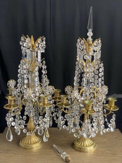 Pair 19thc Baccarat attributed Gilt Bronze Cut Crystal Table Lamps/ Girandoles