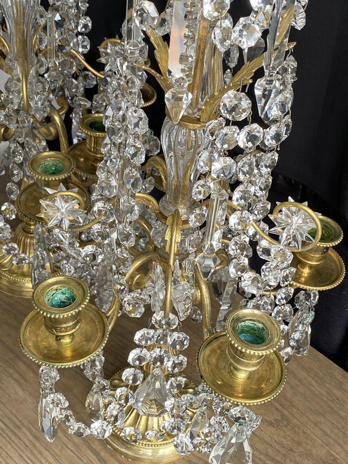 Pair 19thc Baccarat attributed Gilt Bronze Cut Crystal Table Lamps/ Girandoles In Good Condition For Sale In Opa Locka, FL