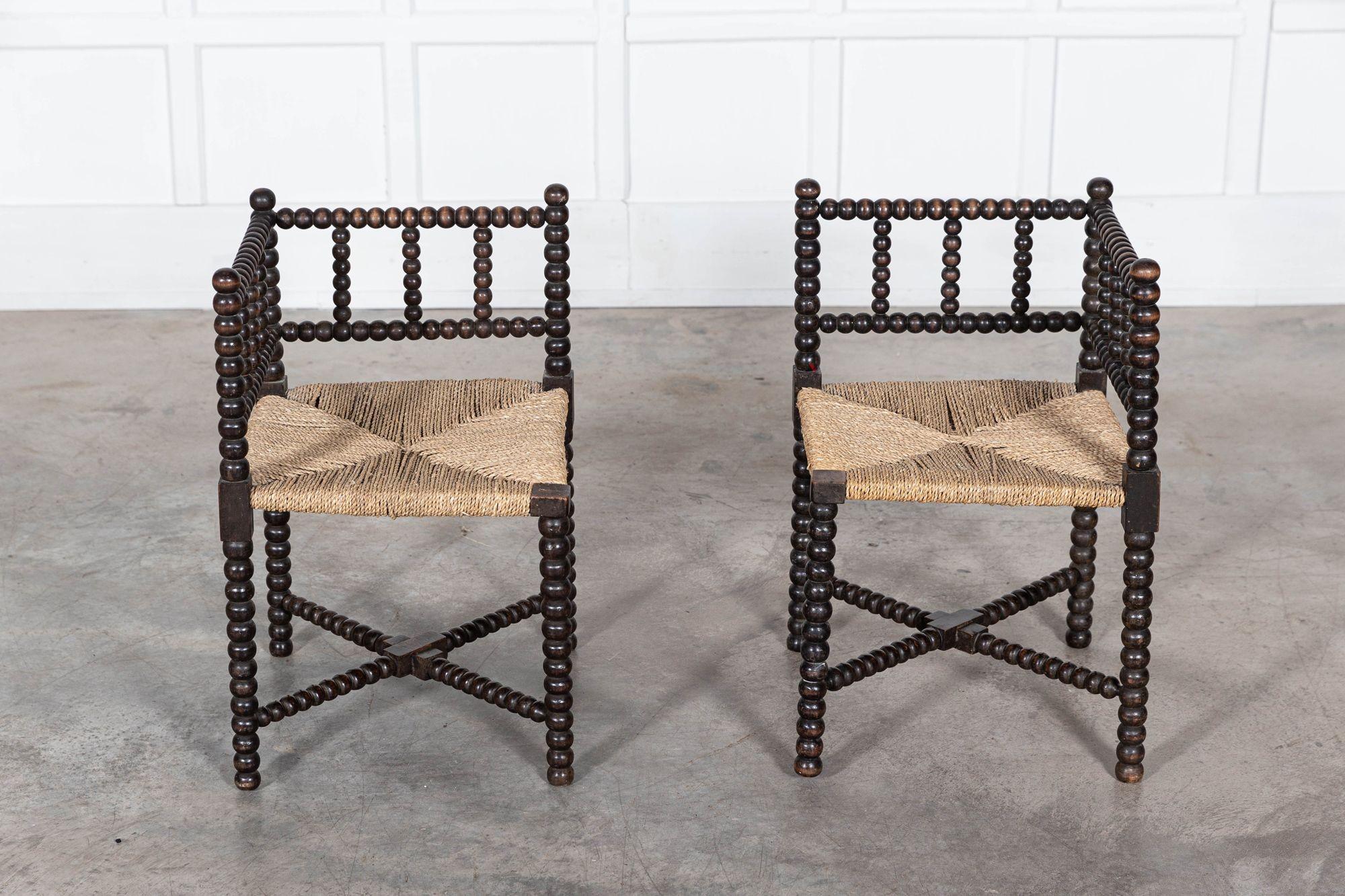 circa 1880
Pair 19thC beech Bobbin rush chairs
Price for the pair
Measures: W 43 x D 43 x H 66 cm
S/H 36 cm.
   