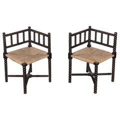 Pair 19thC Beech Bobbin Rush Chairs