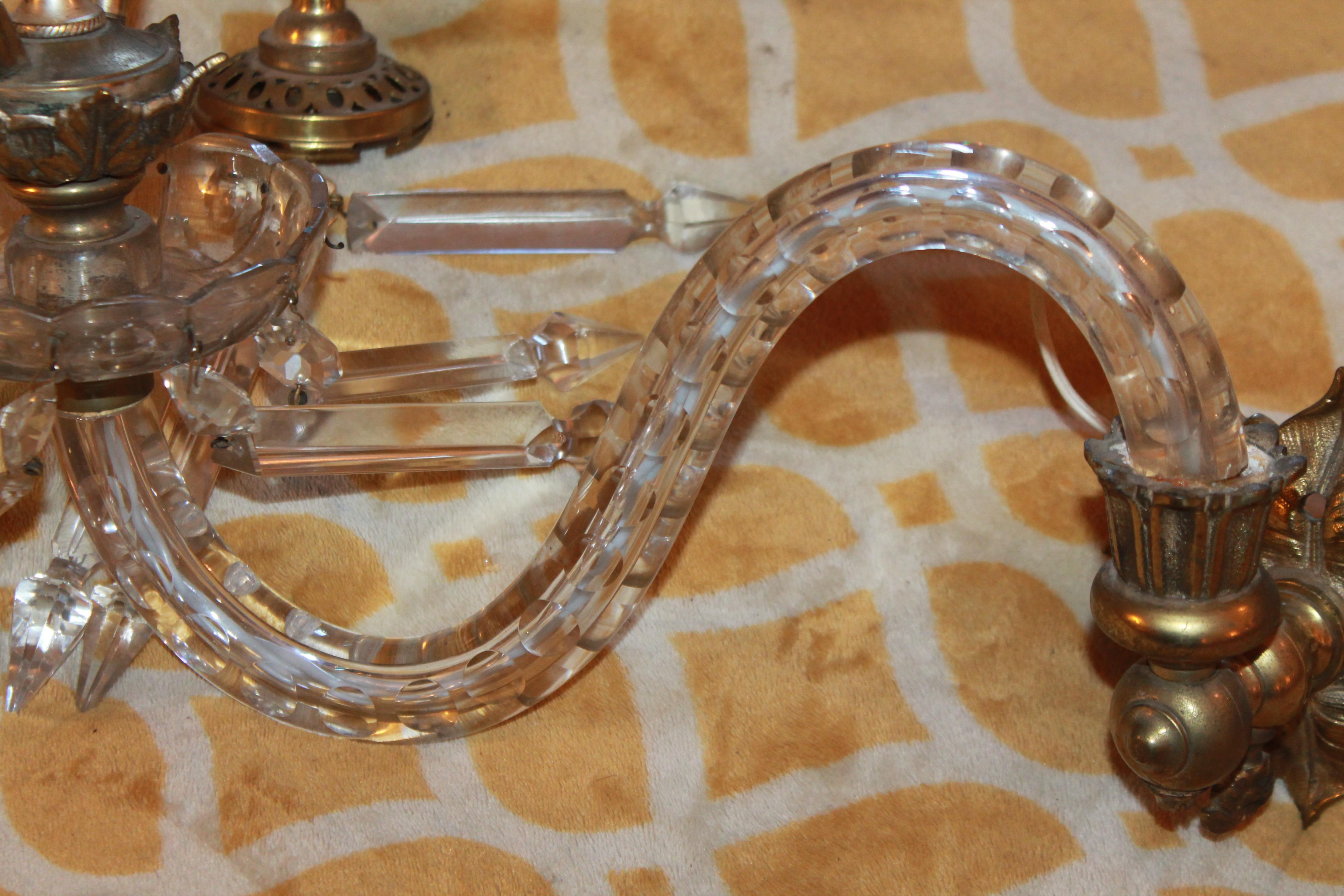 Pair 19thc British Louis XVI style Cut Crystal&Bronze Gas Converted Wall Sconces For Sale 7